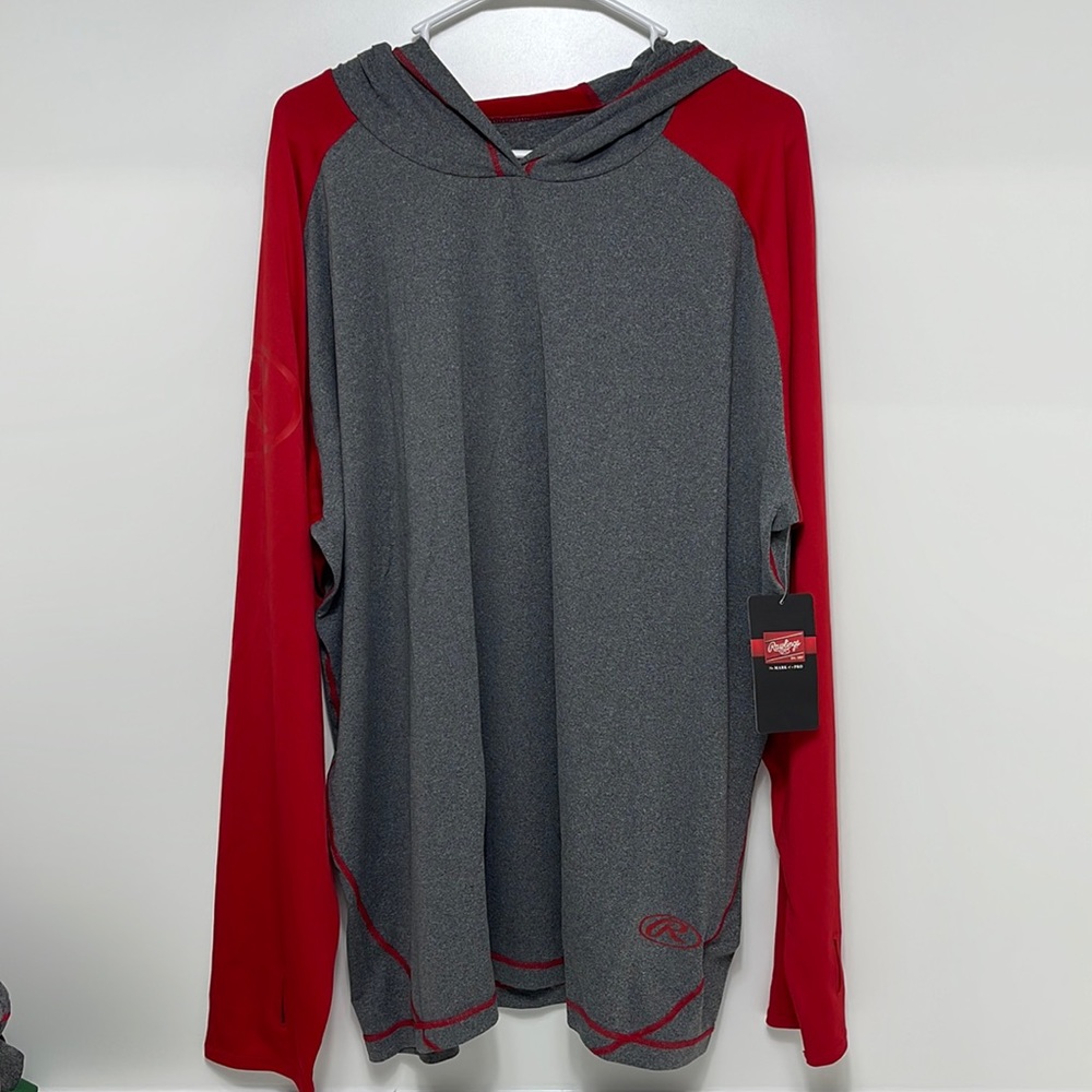 NWT adult light weight polyester red gray long sleeve pullover hooded